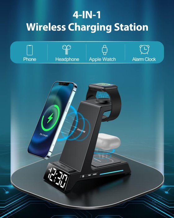ANJANK 4-in-1 Wireless Charging Station with Alarm Clock (image 2)