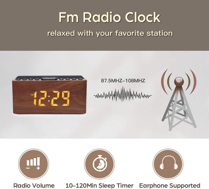 ANJANK Digital LED Alarm Clock with Wireless Charger - Wood (image 5)