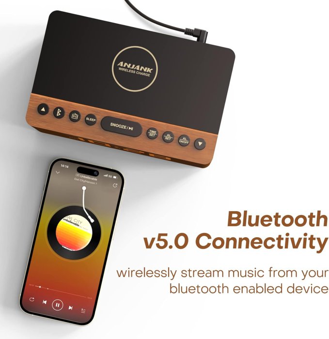 ANJANK Wooden Bluetooth Speaker Alarm Clock with Wireless Charging (image 4)